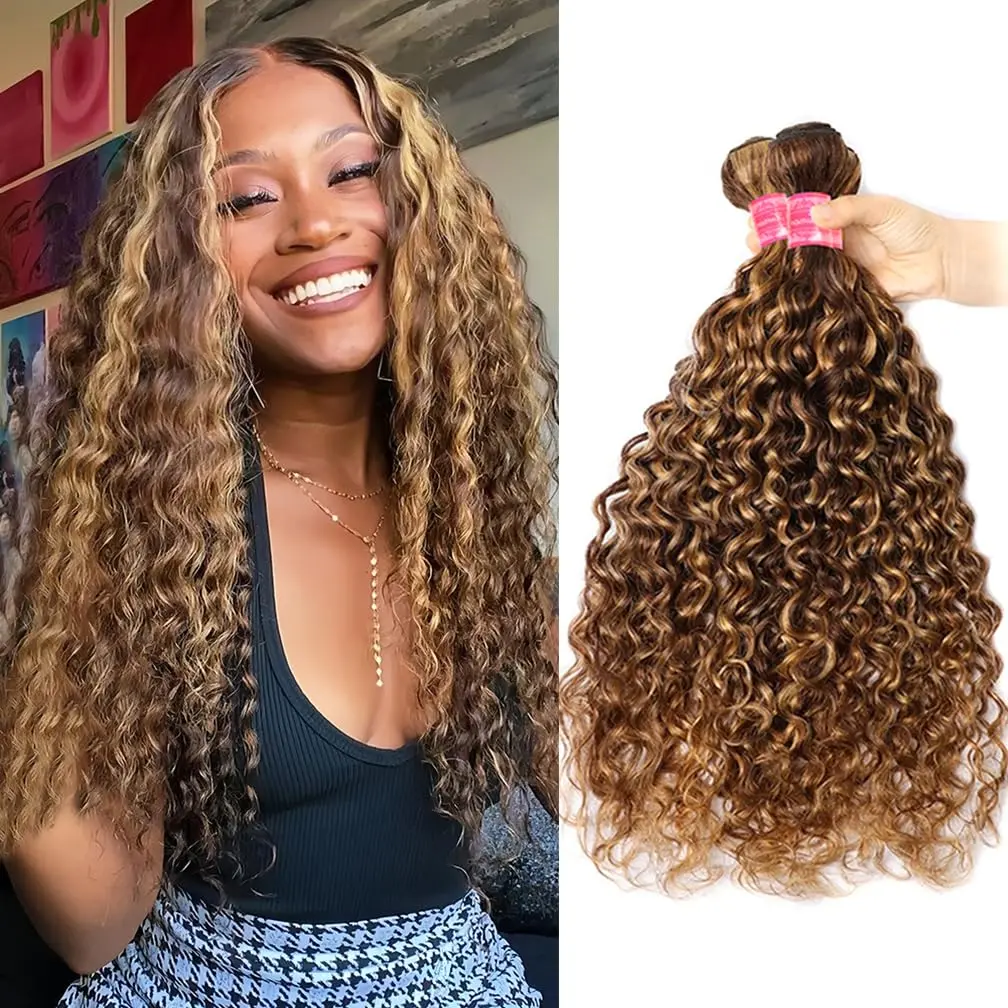 Highlight  Human Hair Honey Blonde  Water Wave  Brazilian Virgin Remy Hair Ombre 4/27 Colored Human Hair for Women 16 18 20 Inches Sew In Weave