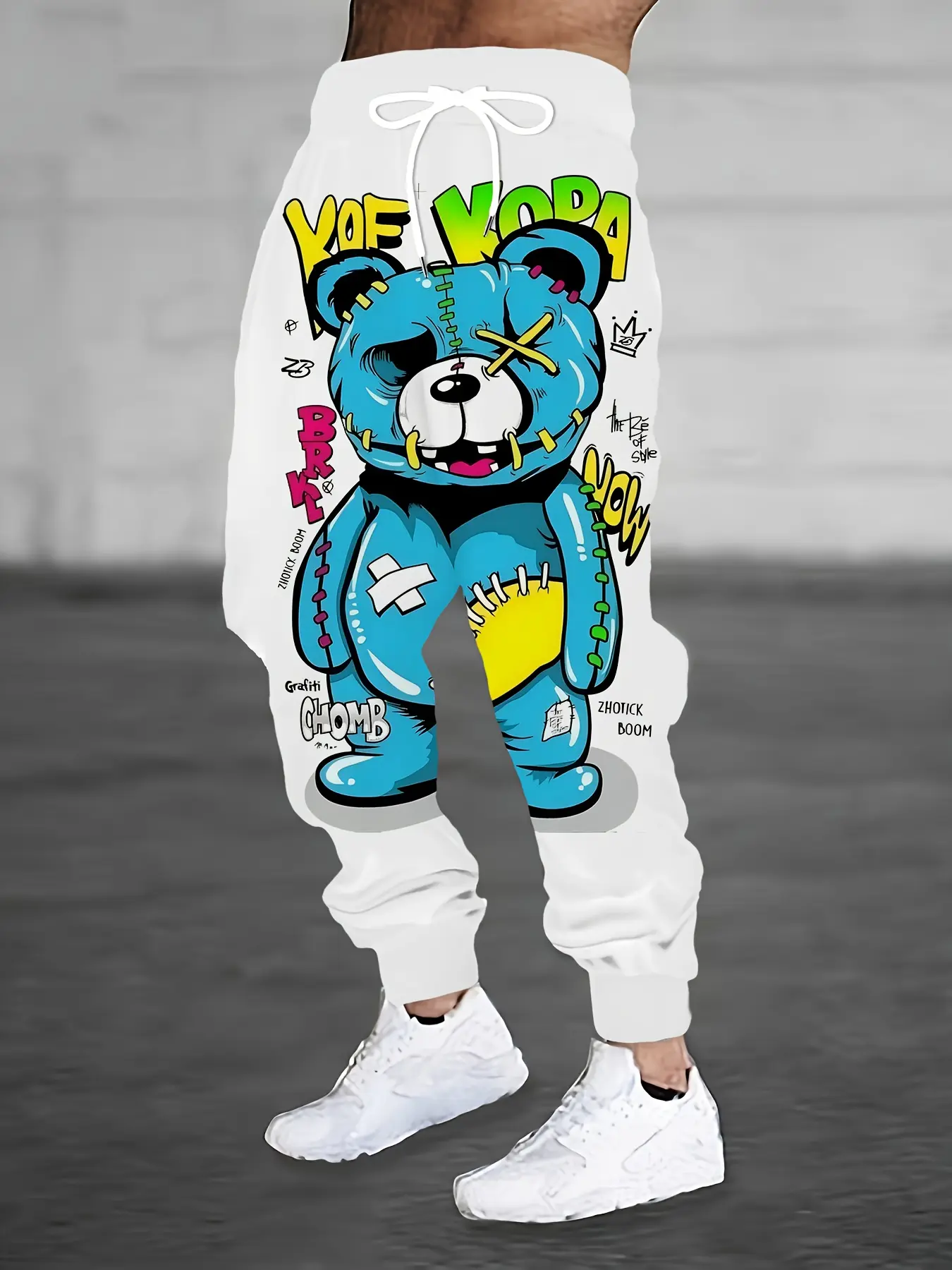 Men's 3D Bear Face Graphic Joggers - Y2K Streetwear Loose-Fit Sweatpants with Drawstring Waist & Pockets, All-Season Gym Pants for Basketball, Football, Outdoor Activities - Machine Washable Casual Gift for Men