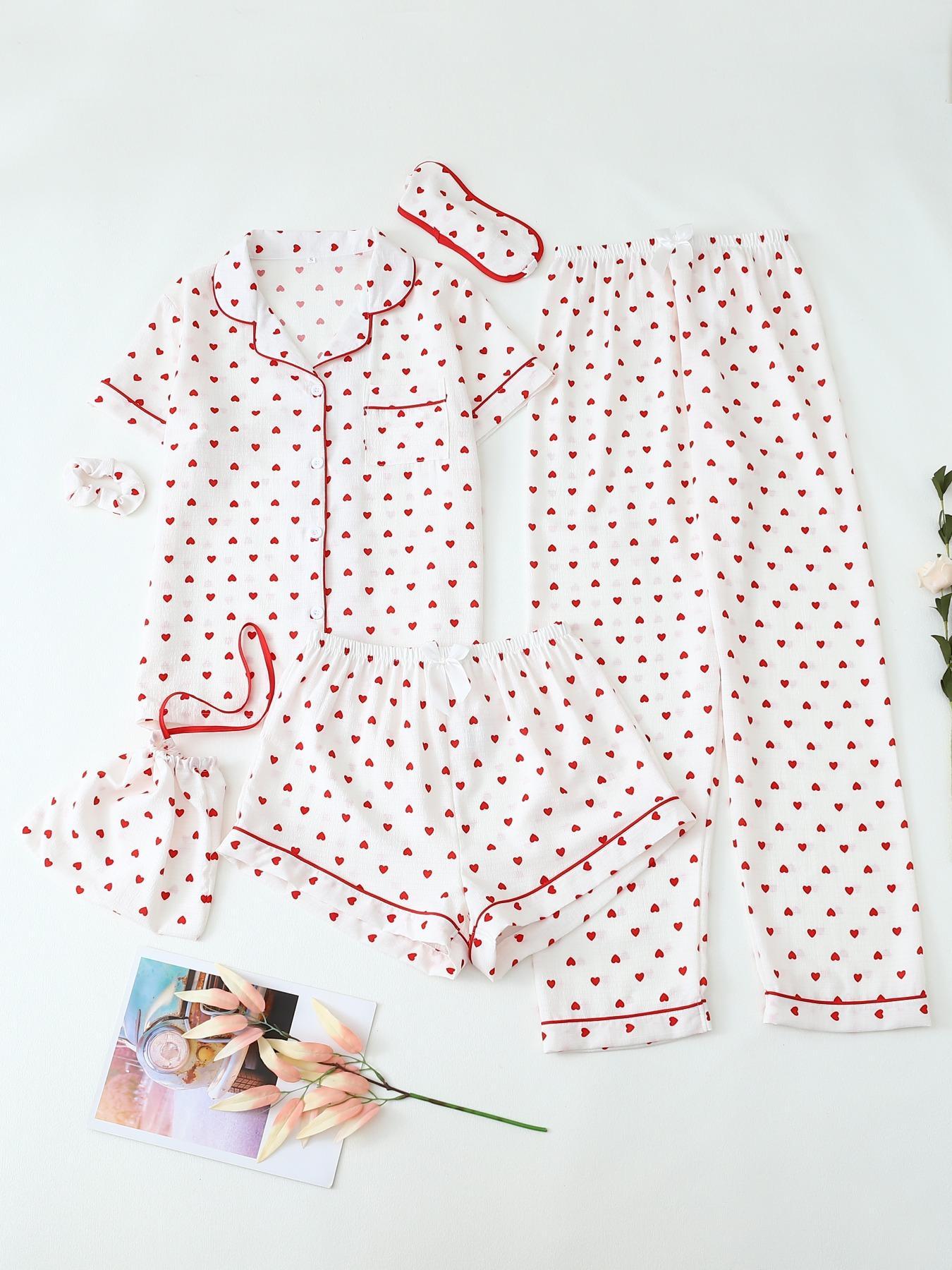 Women's Two-Piece Set All Over Cherry Print Contrast Binding Pyjama Set, Casual Elegant Lapel Pocket Shirt & Elastic Waist Pants & Shorts & Scrunchie & Eye Mask & Storage Bag, Women's Sleepwear for All Seasons, Matching, Womenswear, Pajama Set, Pajamas