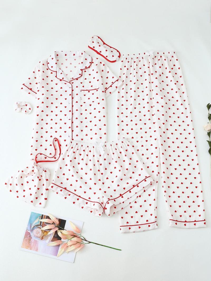 Women's Two-Piece Set All Over Cherry Print Contrast Binding Pyjama Set, Casual Elegant Lapel Pocket Shirt & Elastic Waist Pants & Shorts & Scrunchie & Eye Mask & Storage Bag, Women's Sleepwear for All Seasons, Matching, Womenswear, Pajama Set, Pajamas