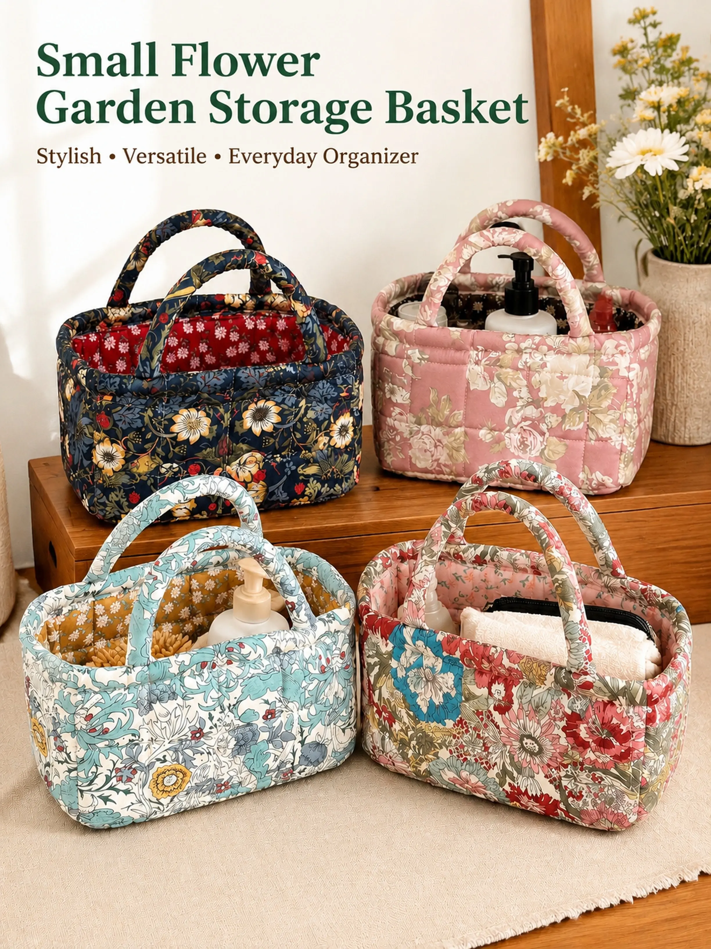 Small Floral Quilted Handbag, Vintage Wild Grass Print Soft Fabric Organizer, Thick Comfortable Handle, Desktop Makeup Brush Storage Basket, Makeup Bags