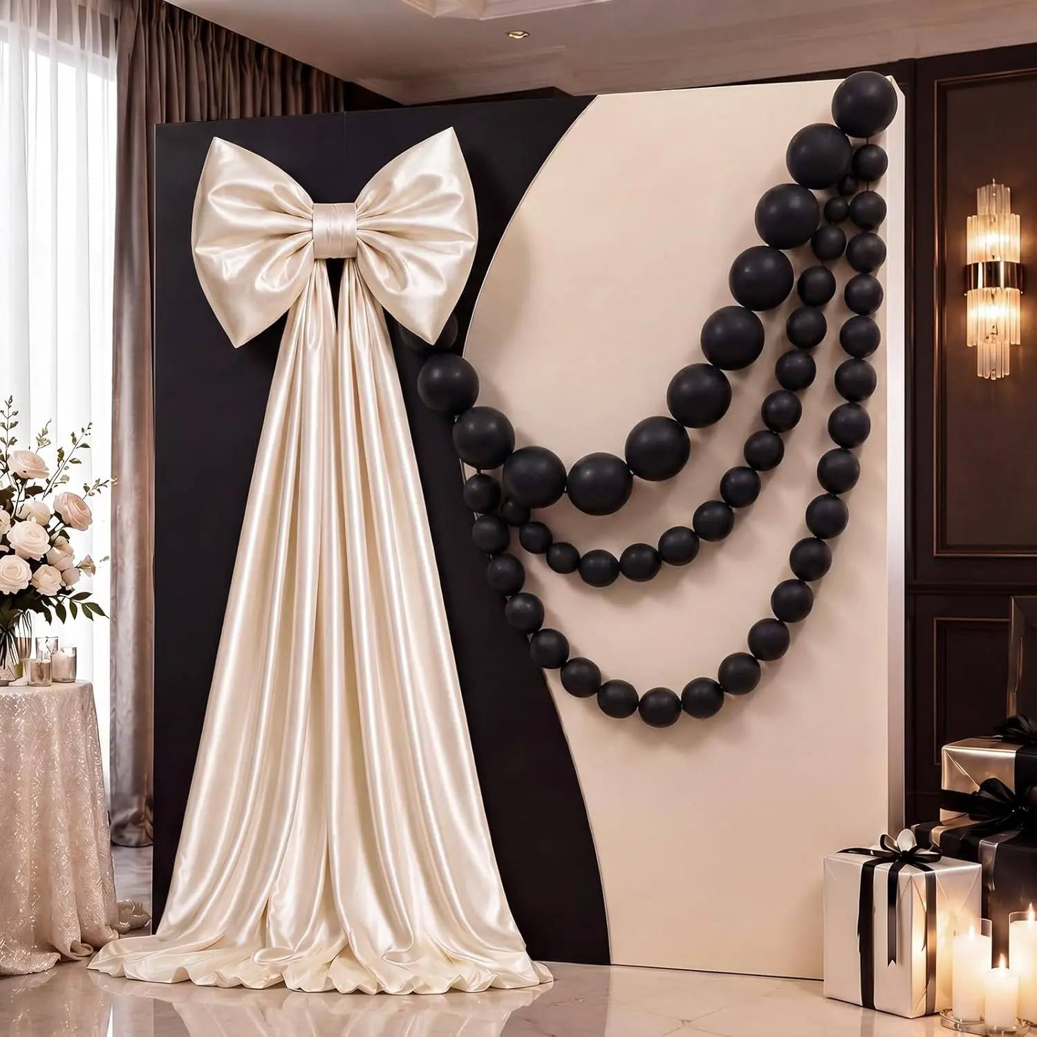 121 Pcs 100 x 30 Inch Giant Champagne Bow with Linking Balloons Oversized Draped Bow Backdrop Pearl Balloon Garland for Wedding Bridal Baby Shower Birthday Party Decorations