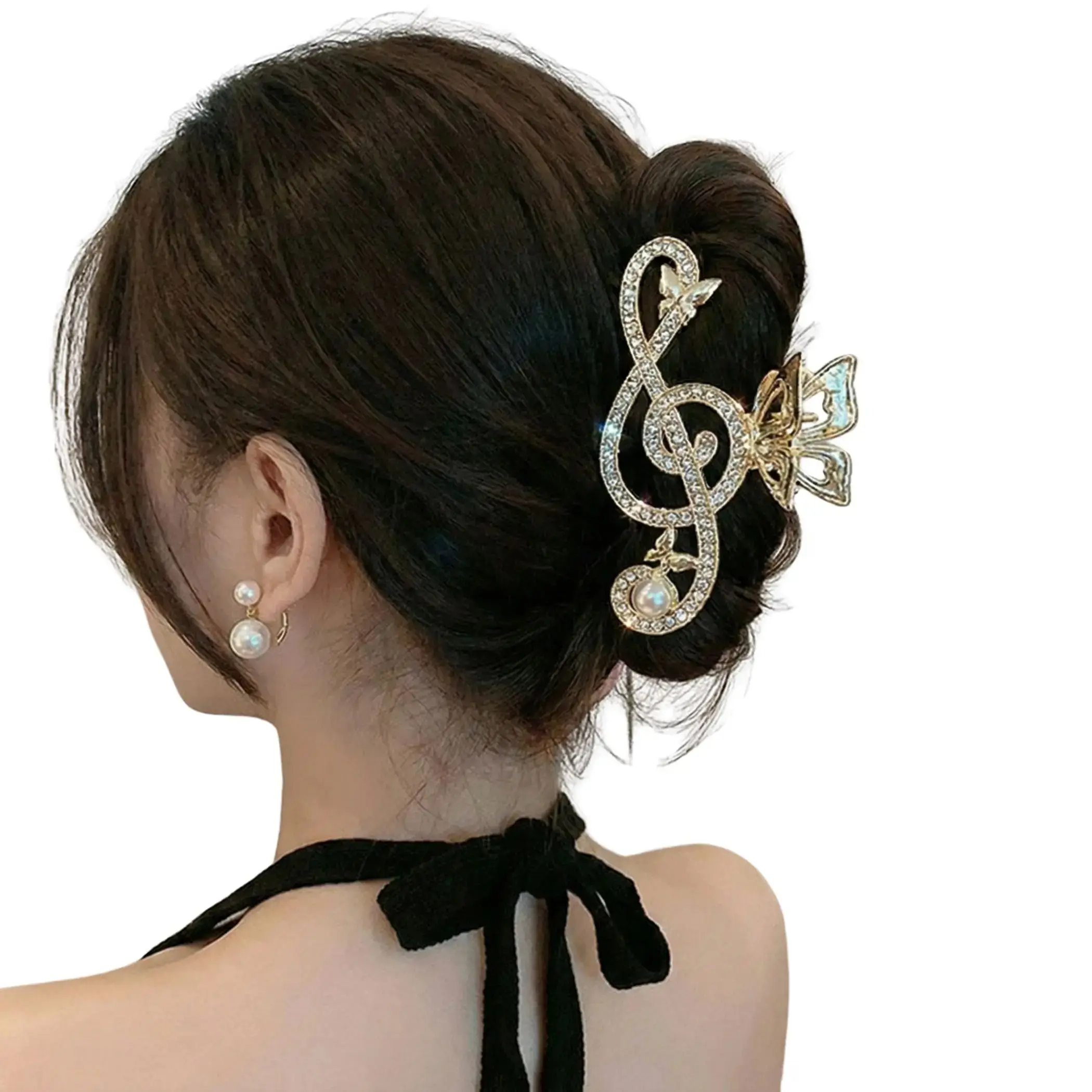 Gold Treble Clef Hair Clip with Rhinestones, Elegant Butterfly Barrette for Women, Sparkly Fashion Hair Accessory for Parties & Weddings, Hairpins, Wedding Hair Decor