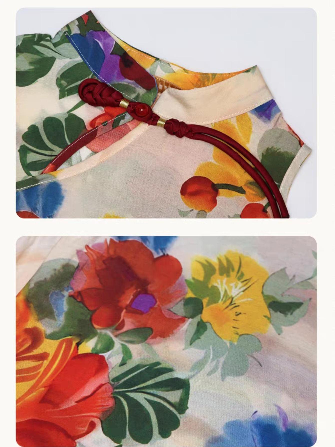 (New)A Two-Piece Outfit for Girls Featuring a New Chinese Style with a Hanfu And Qipao Set, Perfect for Summer. This Includes a Floral Vest Top with Traditional Buttons And Solid Color Casual Pants, for Outdoor