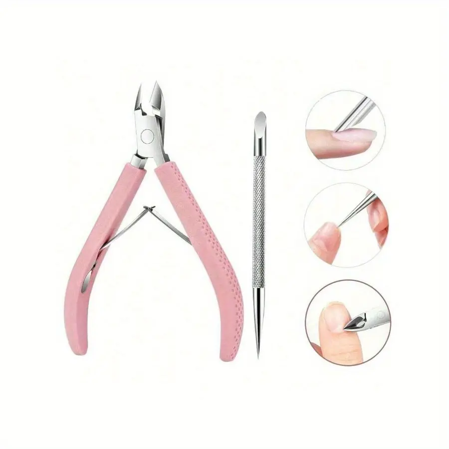 2pcs Pink Cuticle Nipper & Pusher Set, Cuticle Tools, Professional Pedicure Manicure Tool With Stainless Steel Double-Head Pushers