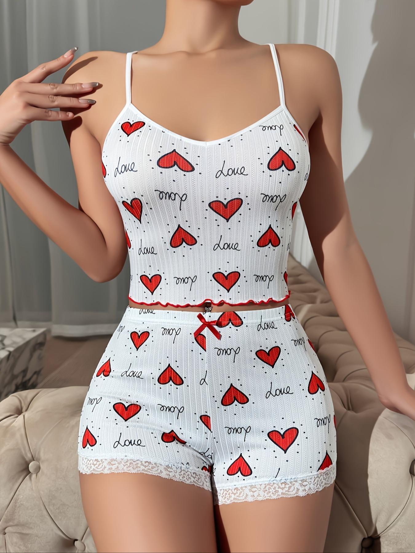 Women's All Over Heart Print Sheer Cami Top & Bow Front Contrast Lace Shorts Pyjama Set, Lounge Set, Cute Comfy Spaghetti Strap Sleeveless Top & Shorts Pj Lounge Co-ord Set, Summer Outfits 2024