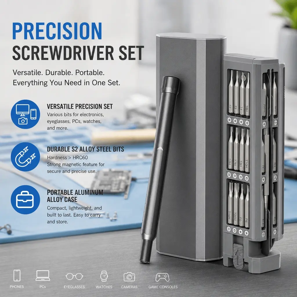 Precision Magnetic Multipurpose Screwdriver Kit, 21 CNC Bits, Aluminum Magazine Case, Anti-Static Handle, Durable Coating for Phone, PC, Eyewear, Smartwatch, Drone Repair