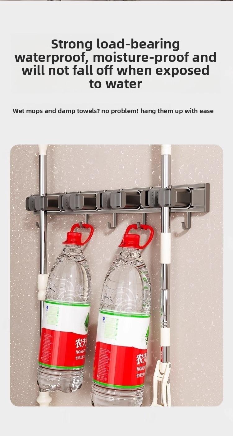 Space aluminum mop holder, no-drill multi-purpose mop hook, multifunctional wall-mounted bathroom broom storage rack
