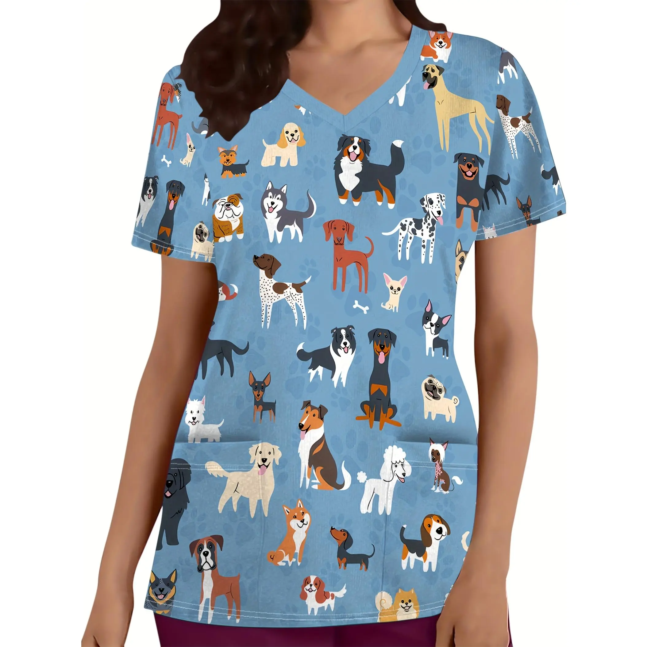 [Nurse Uniform Top] Nurse Uniform Dog Print Pocket Short Sleeve Top - Love Print Elegant V-Neck - Comfortable Practical Nurse Clothing - New Fashionable Women's Clothing