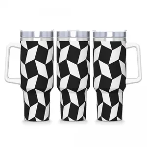 Modern Minimal Must Have! Bold Black White 3D Rhombus Cube Geometric Full Wrap 40oz Handle Tumbler With Straw