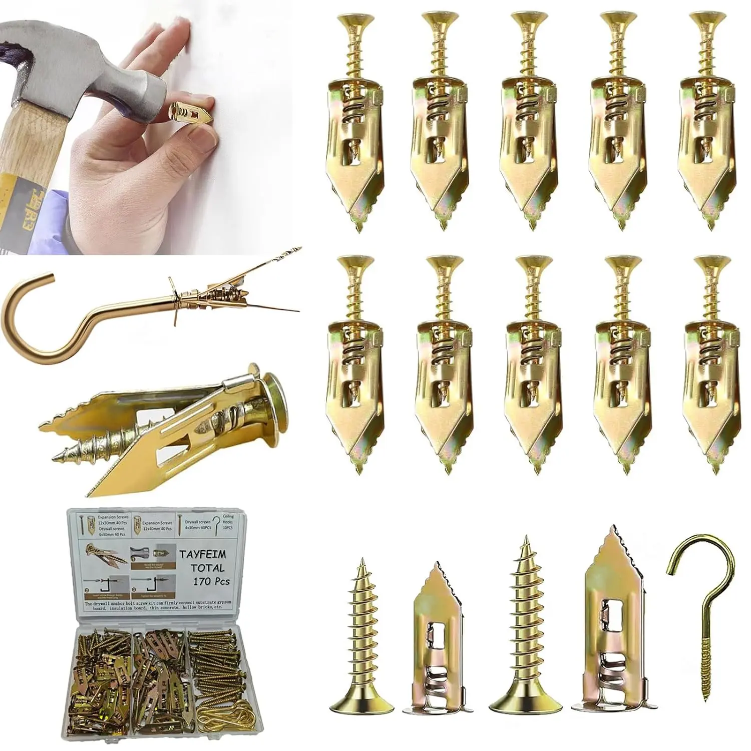 170 count Self Drilling Drywall Anchors and Screws Kit,160 Zinc Plated Steel Expansion Screws and 10 Hook Screws.Wall Anchors for Drywall, Wall,Mounting Mirror,Picture Frames