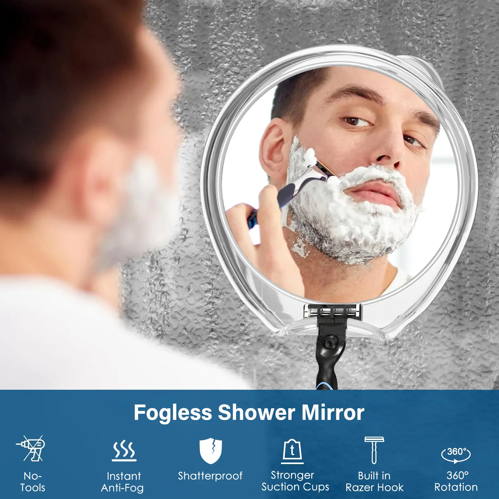 Fogless Shower Mirror, Anit-Fog Shaving Mirror with Hook, Natural Fog Free Effect, Easy Installation, Bathroom Mirror with Razor Holder, 6.8" x 7" Mirror,  Crystal-Clear Anti Fog Surface, Strong Upgraded Suction Hold, Shatterproof & 360° Swivel