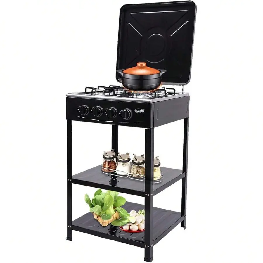 4 Burner Gas Stove Portable Outdoor Stove With Removable Storage Stand, Heavy Duty Stainless Steel Propane Gas Cooker With Wind Blocking Cover For Camping Picnic Home RV Cooking (No Hose)