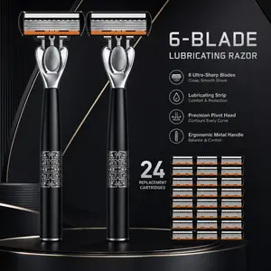 Men's Shaving Kit, 2 Stainless Handles with 24 Six-Layer Blade Heads, Lubricating Strip, Smooth Deep Shave, Perfect Fit for Facial Contours