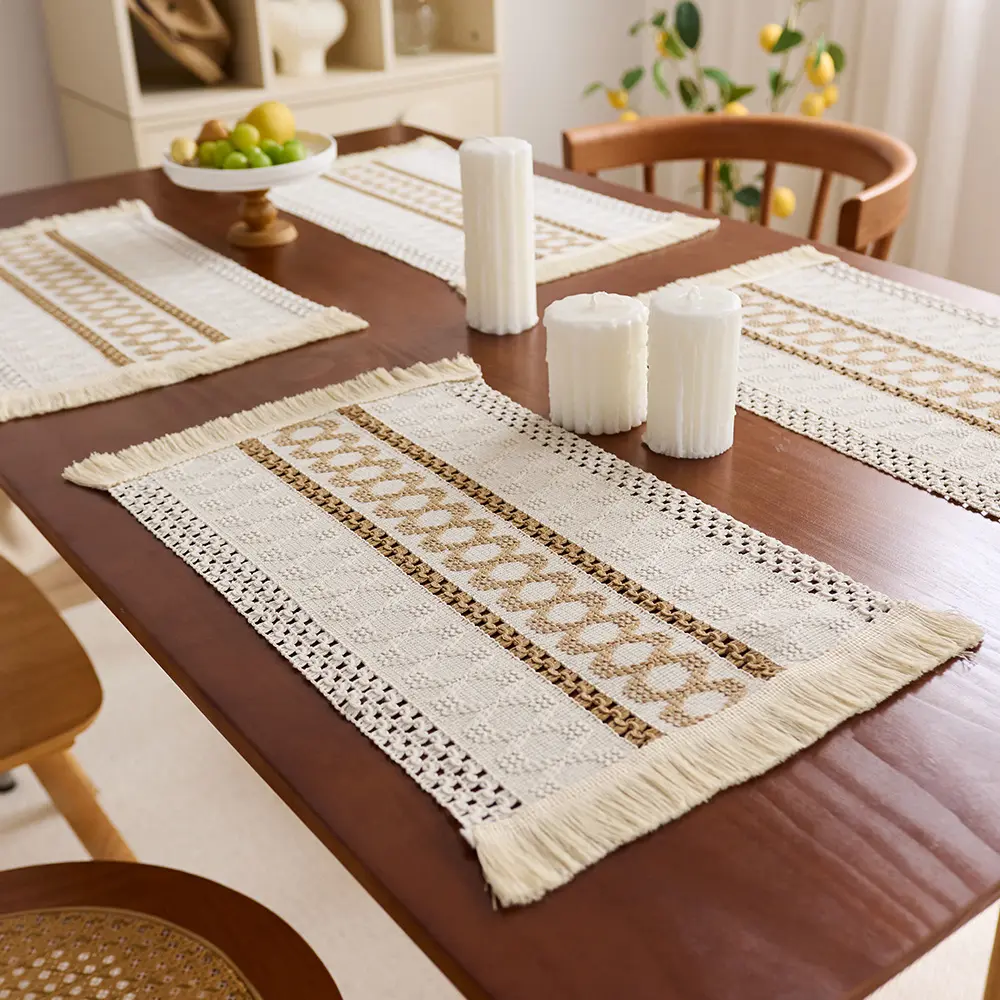 4pcs Boho cotton linen placemats & minimalist color-block woven table runners with tassels, perfect home decor accents for dining rooms, living rooms, bedrooms, TV cabinets and coffee tables, Boho Placemats Set