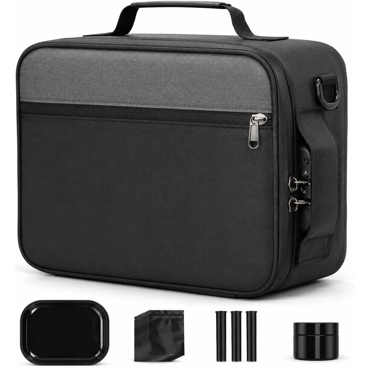 Lockable Smell Organiser Bag with Carbon Lining, 11x8.5x5.2in Lockable Smell Box, 6 Dividers, Containers, Rolling Tray for Travel, Home