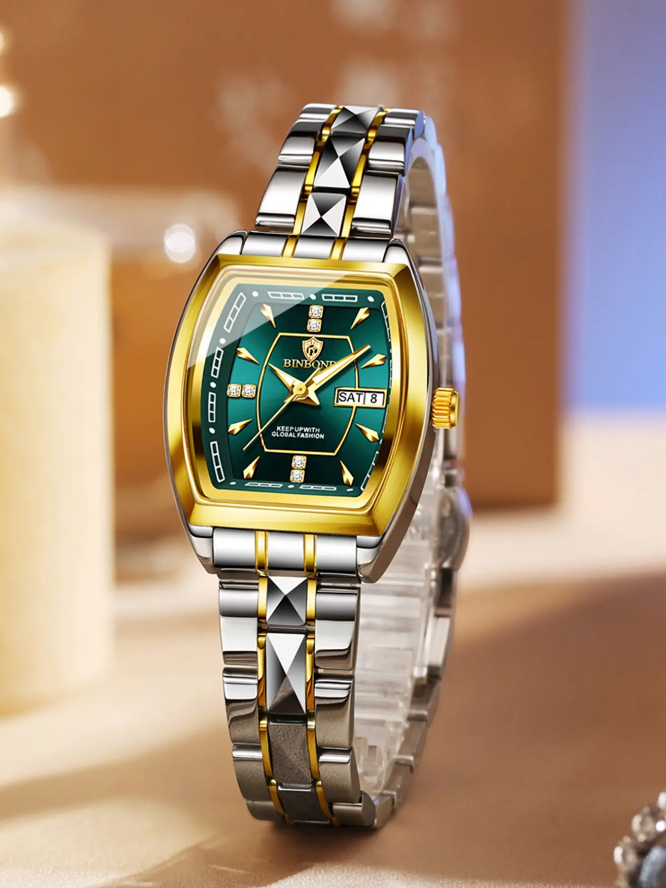 Binbond B400 Quartz Women's Watch, Diamond Dial, Stainless Steel Band, Waterproof, Night Light, Elegant Ladies' Wristwatch
