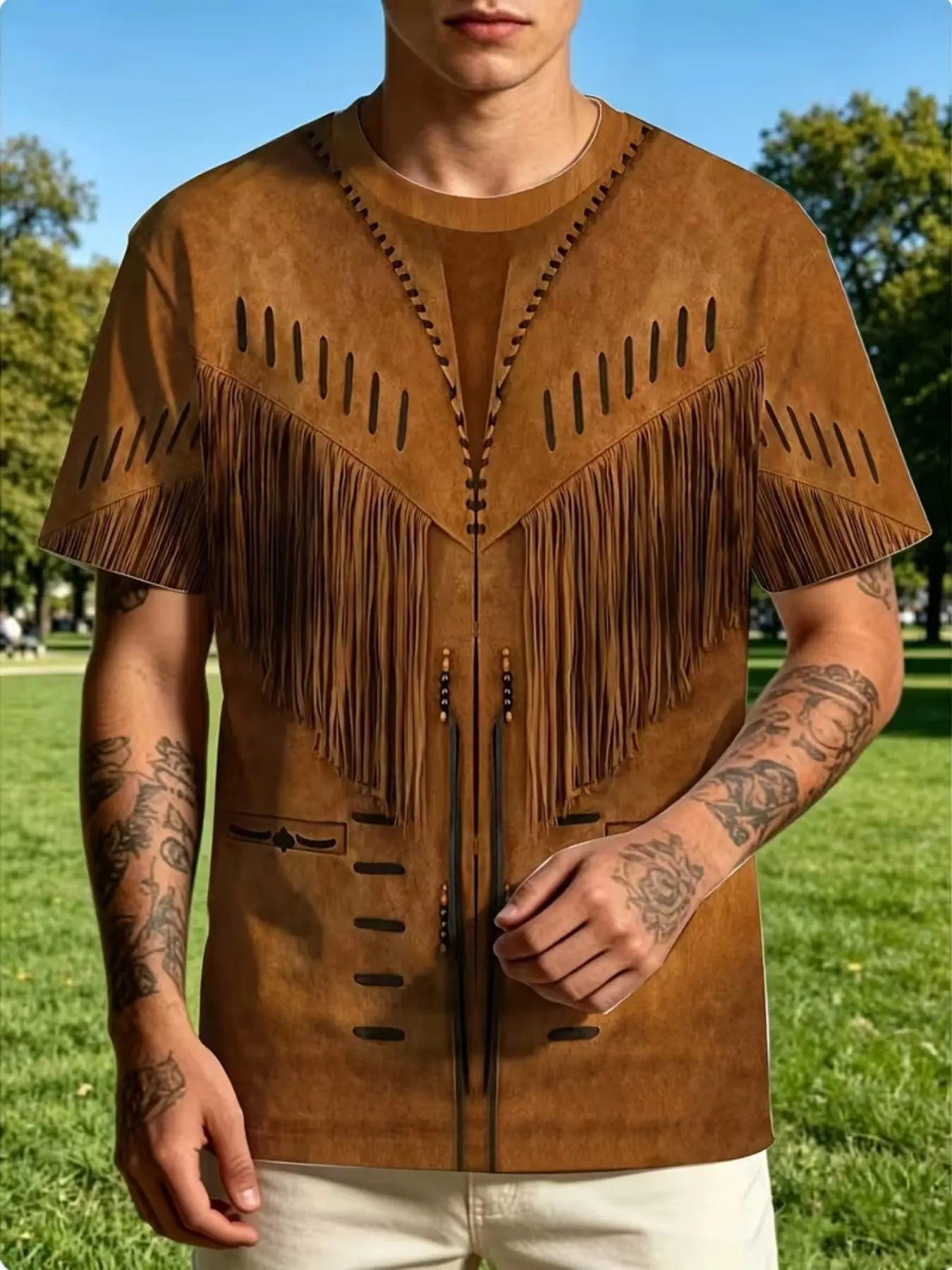 New Summer Men's Printed T-Shirt, Western Fringe Vest Pattern, Short Sleeve Sporty Jersey, Casual Slim-Fitting Long Top