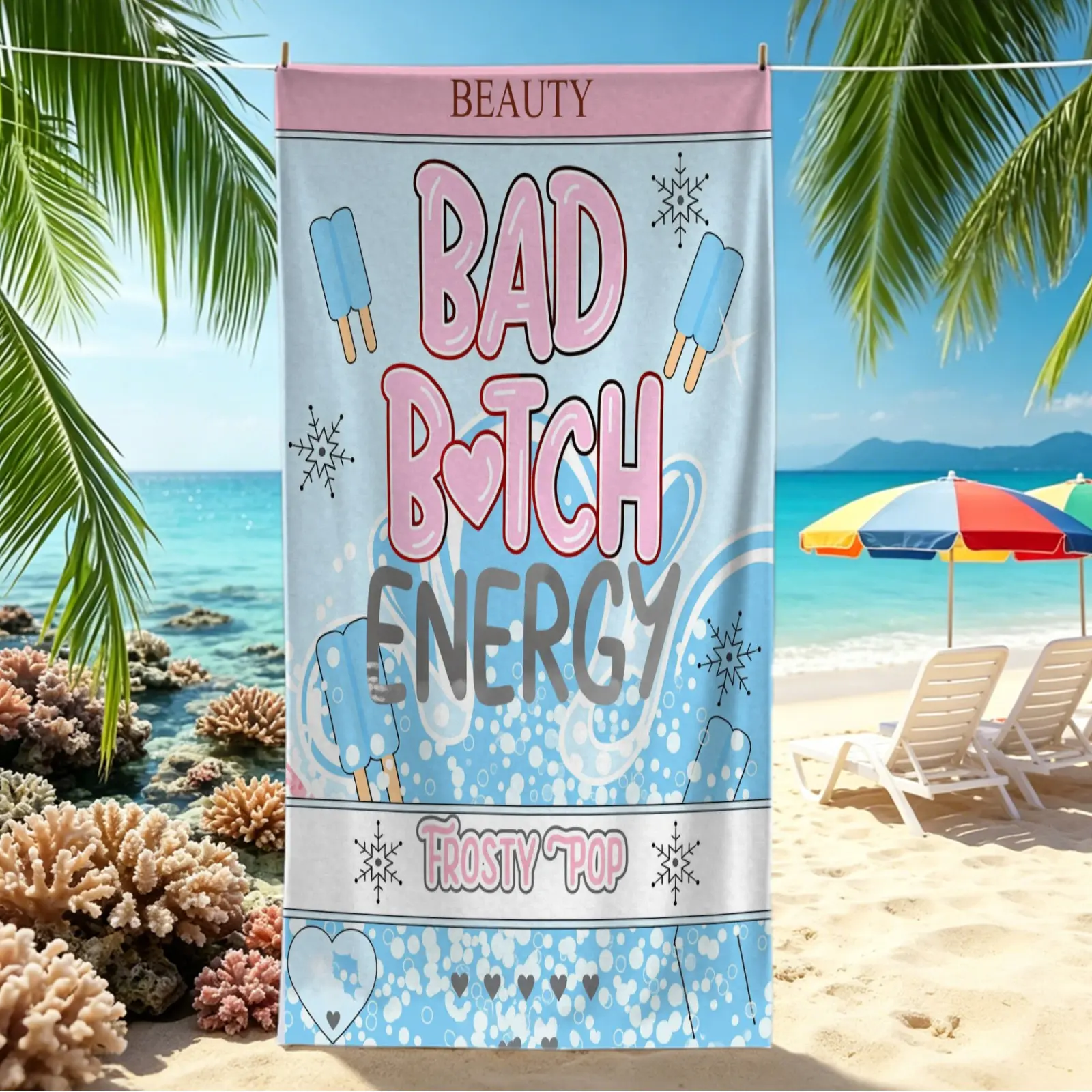 "Bad Bitch Energy" Fun Print Beach Towel, Quick Dry Microfiber Beach Towel, Absorbent Oversized Pool Towel, Perfect for Beach, Pool & Summer Travel, Quick Dry Towels, Water Absorbent Towel