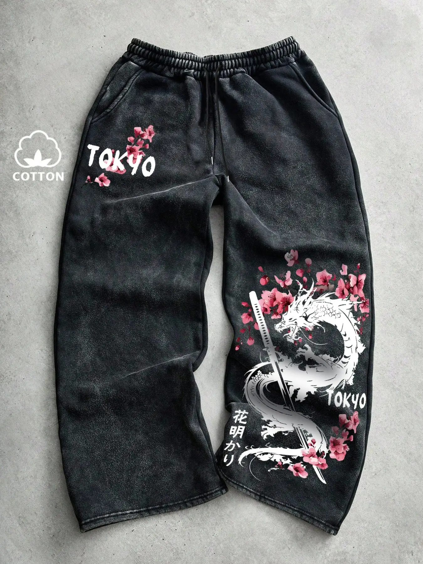 Men's Casual Sport Pants, Tokyo Cherry Blossom & Dragon Print, Drawstring Wide Leg, Loose-Fit, All Seasons, Comfortable Long Pants