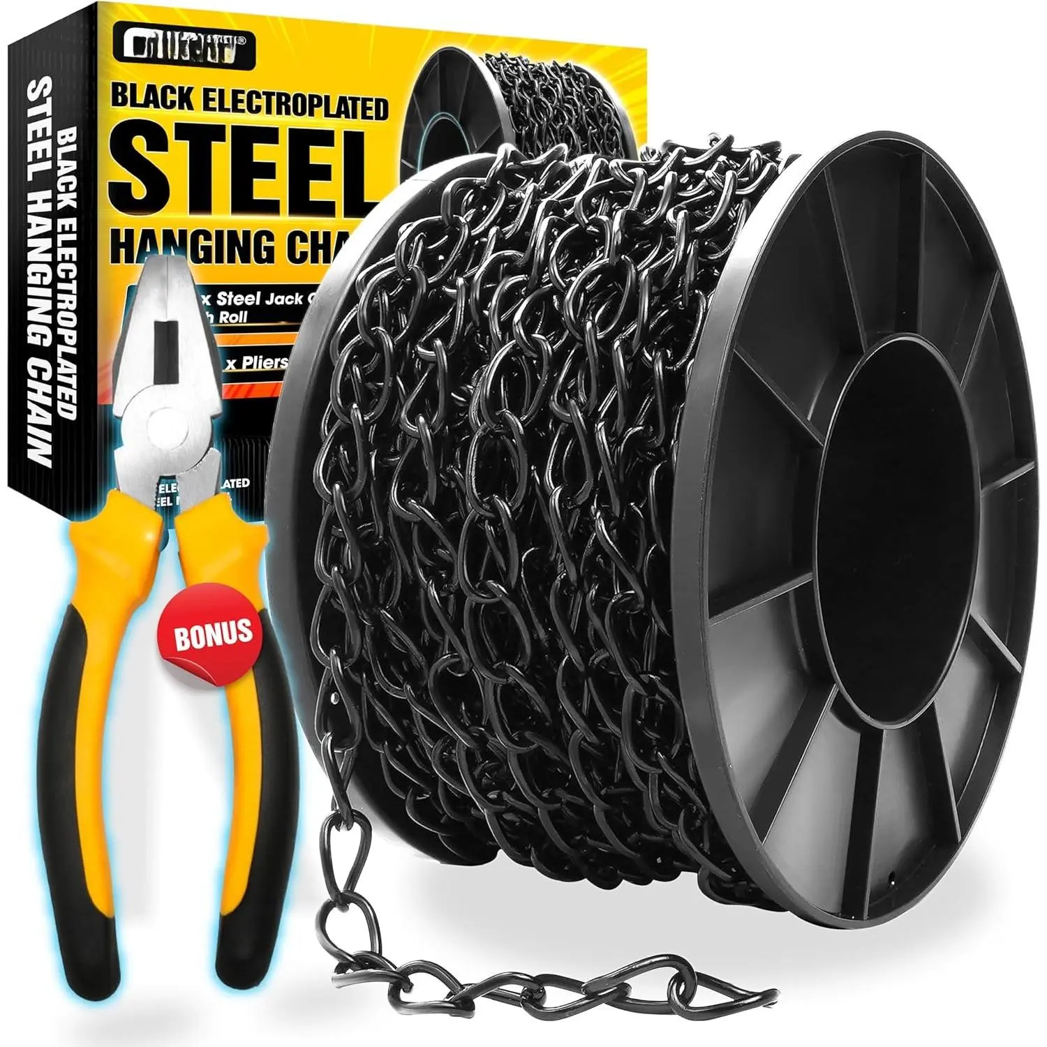 [Upgraded] 50FT Black Electroplated Steel  Chain Roll, Pliers Included, 20LBS Load Capacity, Durable, Rust-Resistant, Adjustable Length for  Bird Feeders, Planters, Lanterns, Billboards