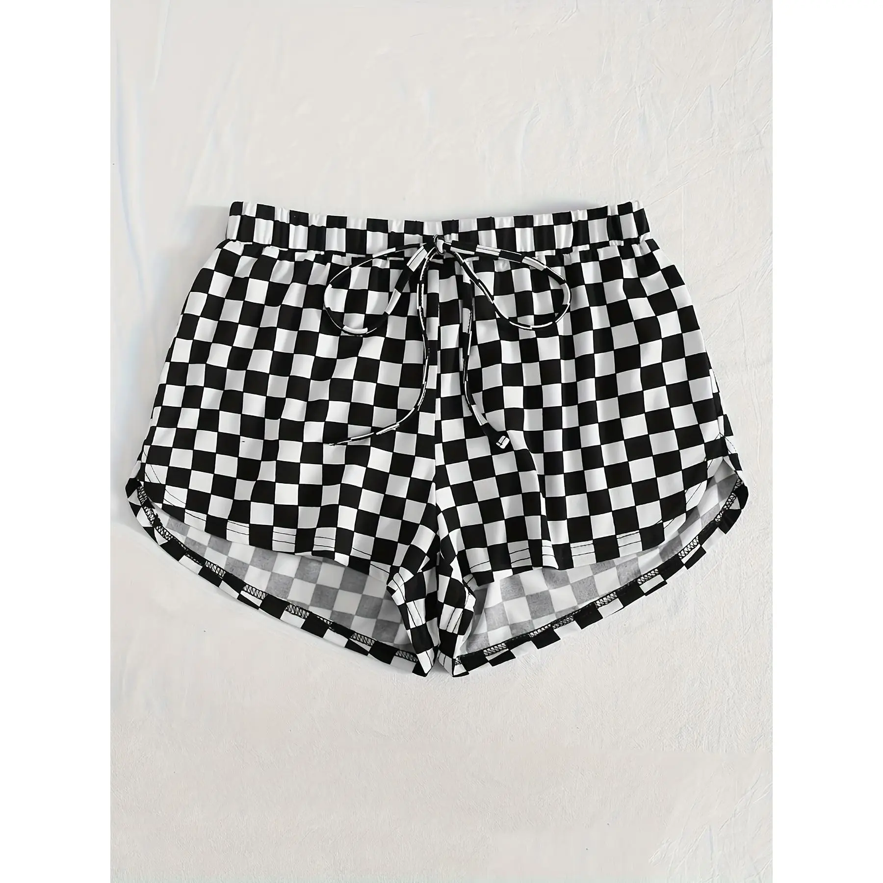 Women's Sporty Knitted Polyester Houndstooth Print Elastic Waist Casual Shorts - Machine-Washable Sports Clothing Set, Sporty Sports Clothing Sets
