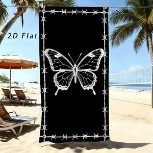 1pc Gothic Barbed Wire & Butterfly Print Beach Towel - Bold Black/White Bath Blanket Suitable for, Seaside, Bathing - Edgy Gothic Design for,, Art Enthusiasts - Minimalist Gift for Gothic Lovers,