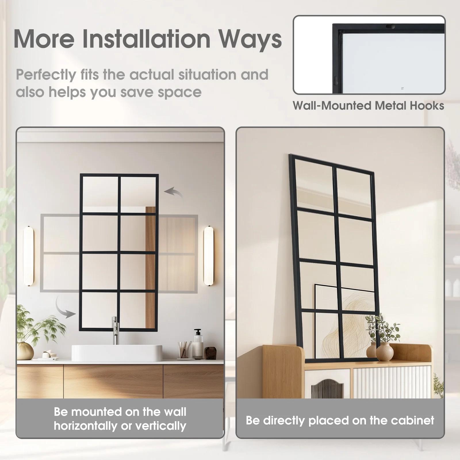Rectangular Window Pane Decorative Wall Mirror with Black Metal Grid Frame, Modern Geometric Style Mirror for Living Room Bedroom Entryway, Stylish Home Decor Accent with Unique Grid Pattern and Sleek Black Finish