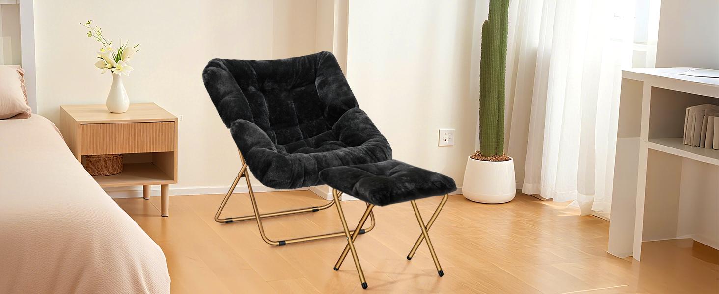Comfy Saucer Chair, Foldable Living Room Chairs, Soft Faux Fur Lounge Chair for Bedroom, Reading Chairs for Adults,Teens, X-Large (Black)