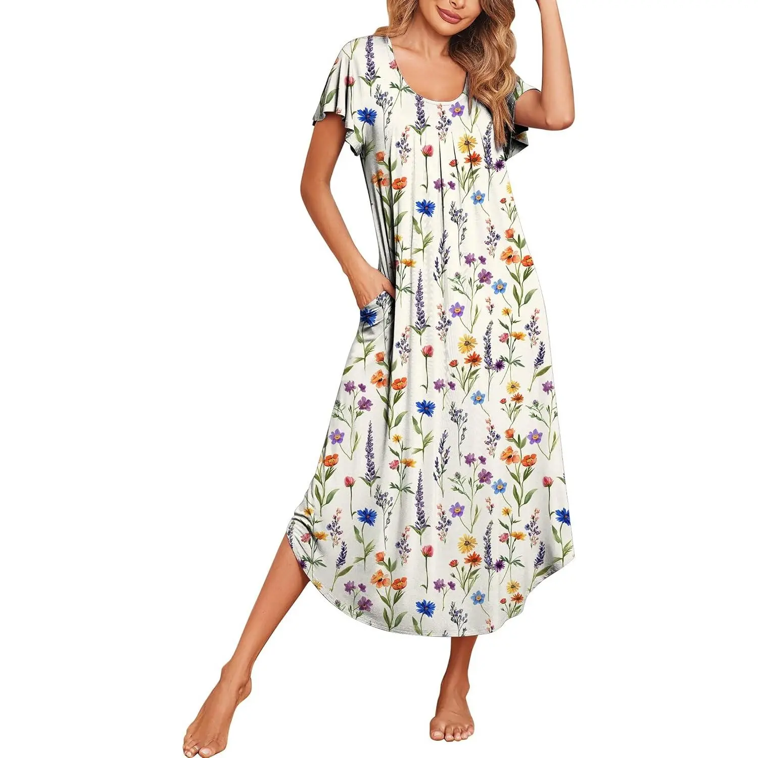 Long Nightgowns for Women with Pockets Short Sleeves Moo Moos Casual Maxi Dress House Dresses S-XXXL