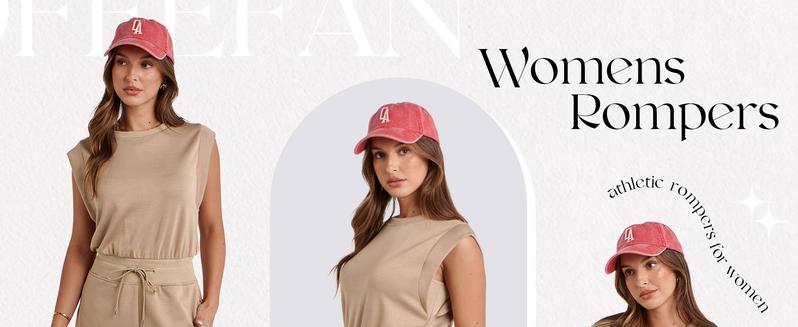 OFEEFAN Rompers for Women Summer Cap Sleeve Adjustable Drawstring Waistband Crewneck Casual Outfits with Pockets