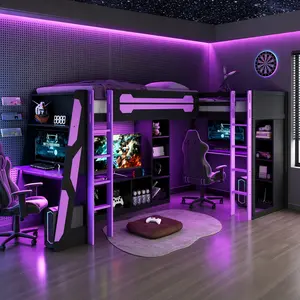 ARCH L-Shaped Twin Size Wooden Gaming Bed Frame with RGB LED Lights, Dual USB Ports, TV Stand & Storage Shelves, Reversible Layout, Space-Saving Loft Bed for Teens Adults, Purple, Purple Color Options, Wood Material, Product Dimensions: 78.70 W x
