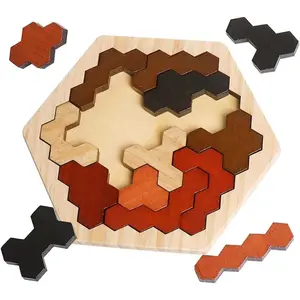 Wooden Hexagon Puzzle for Kids & Adults, Montessori STEM Educational Toy with Colorful Shapes, Logic IQ Brain Teaser Game for Kids, Geometry Tangram Giftfidget toys