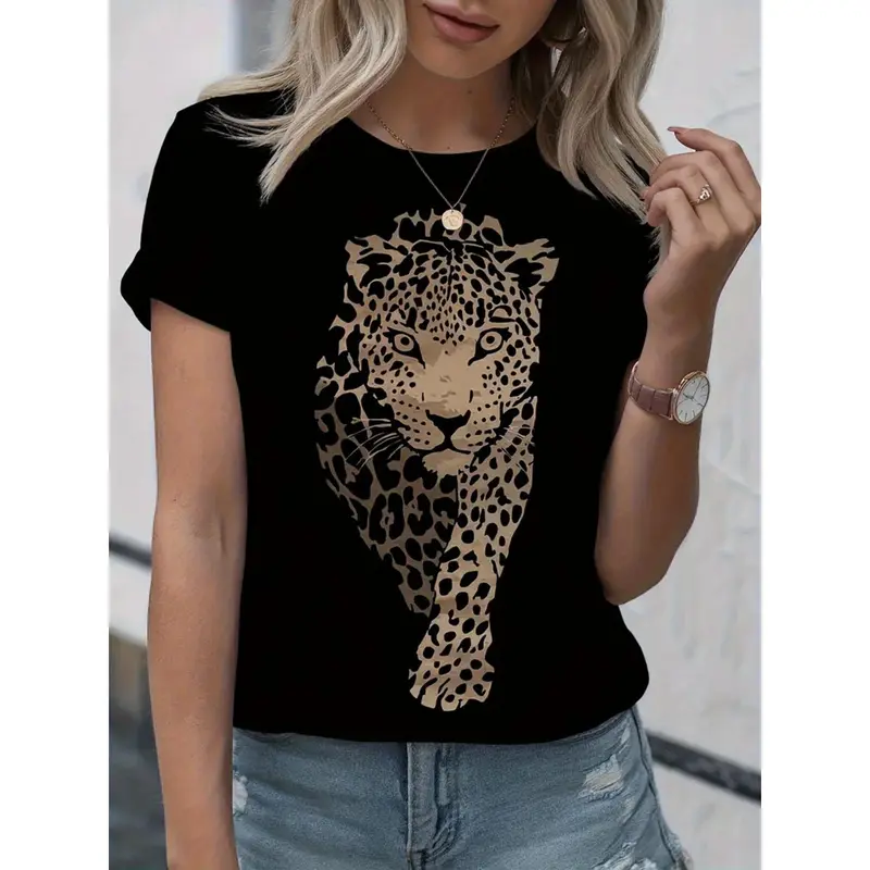 Women's 100% Cotton Leopard Print Short-Sleeve Round Neck Tshirt - 180g Lightweight, Loose-Fitting, Medium Stretch Lady Sports Top, Machine Washable, No Dry Clean, Spring Summer Casual Wear & Layering