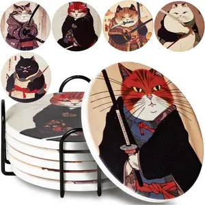 Cat Coasters - Anime Cat Decor - Set of 6 Drink Coasters with Holder, Funny Coasters, Anime Gifts for Men