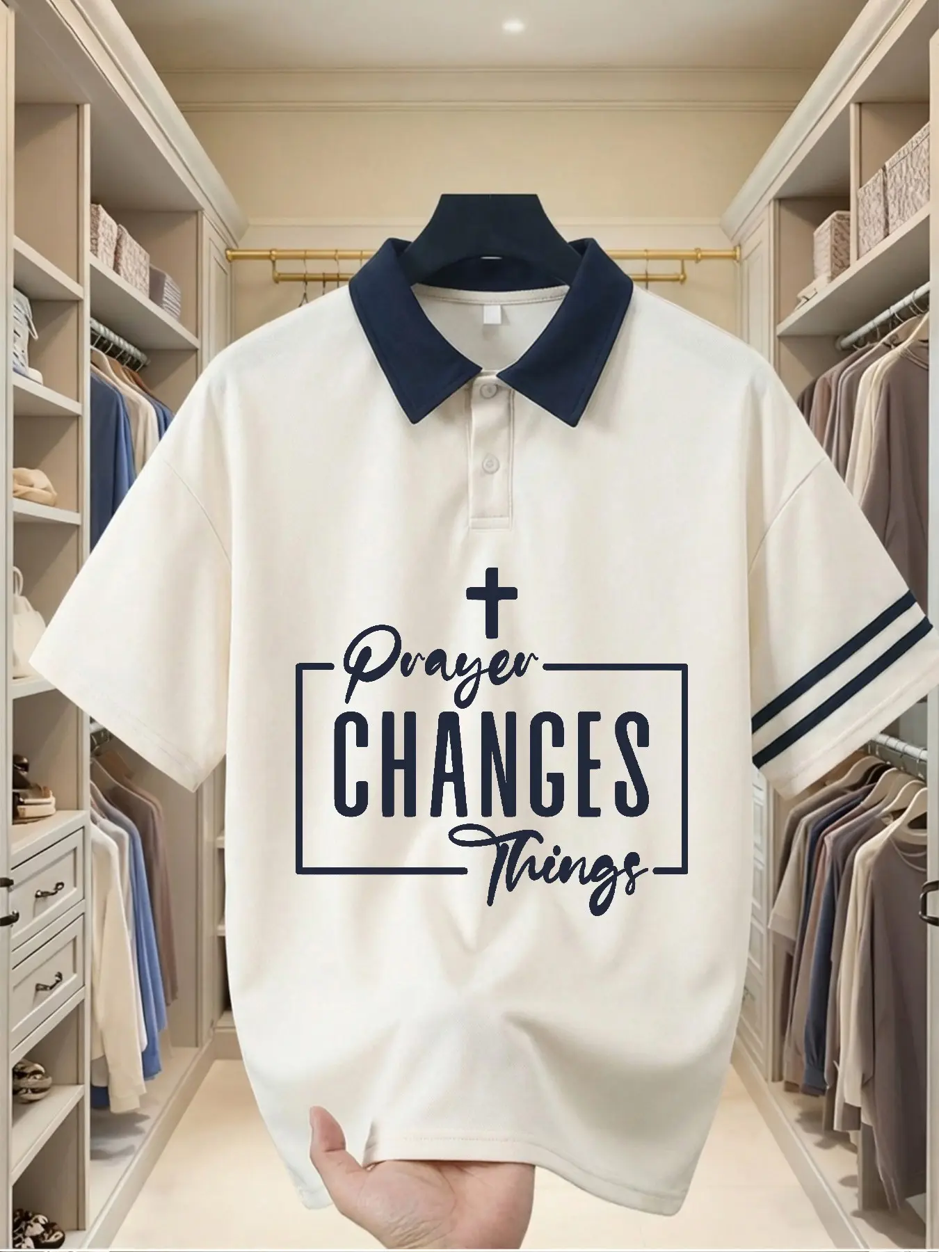 Cross Graphic Print Polo Shirt, Unisex, Oversized Loose Fit, Breathable Striped Short Sleeve, Casual Streetwear, 6 Colors