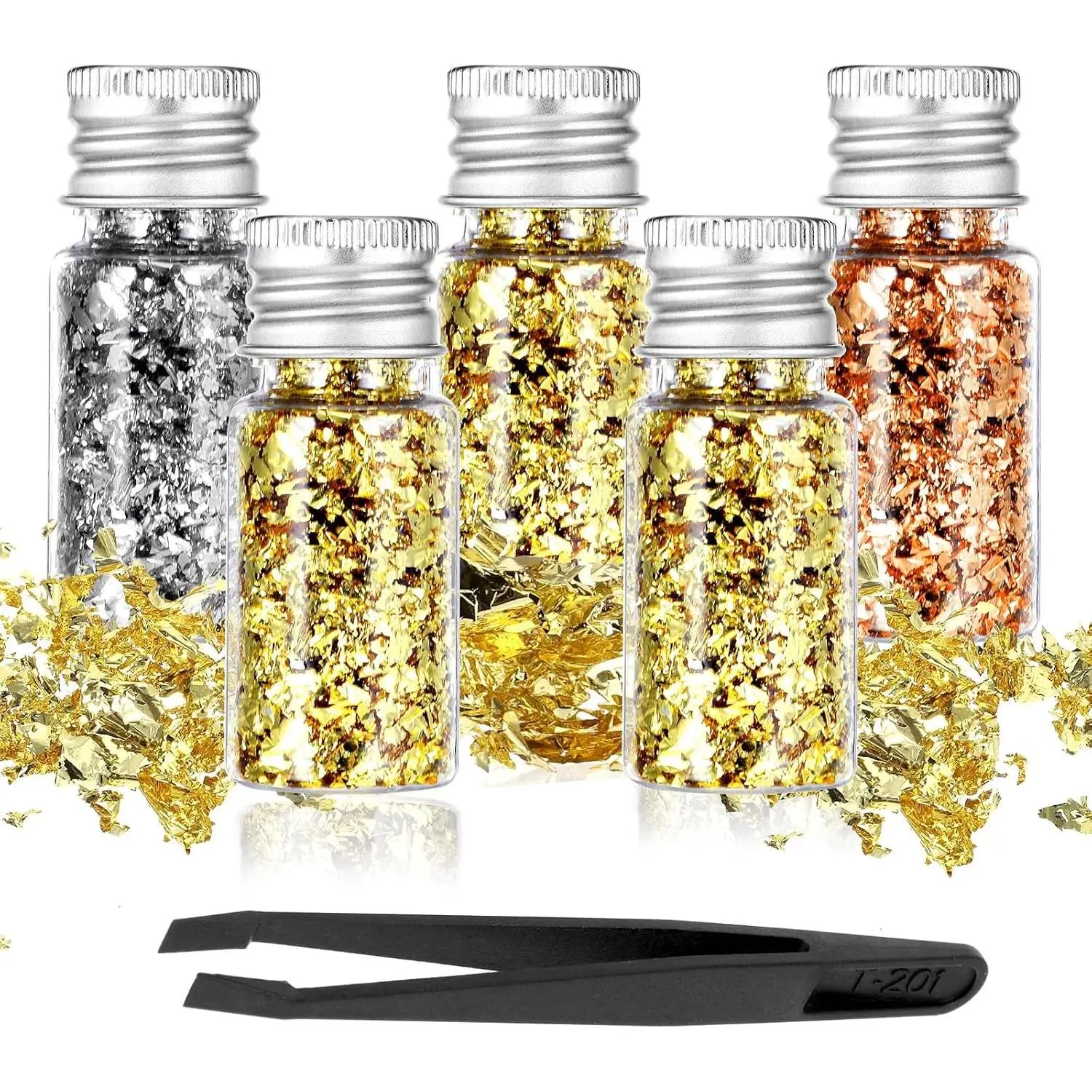 5 Bottles Edible Gold Flakes, Gold Leaf Cake Decoration Gold Leaf Sheets for Cooking Dessert Baking Gold Foil Chocolates Decor Gold Flakes for Nails Art Crafts Makeup (3 Colors)
