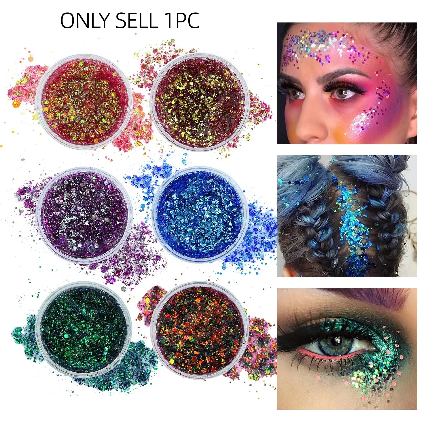 Face Body Glitter Gel with Spoon, Green Self-Adhesive Mermaid Holographic Chunky Sequins Glitters for Eye Hair, Shimmering Body Makeup, Christmas Carnival Party Music Festival New Year Glitter Accessories Makeup Supplies