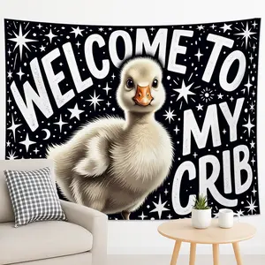 1PC Duckling Welcome to My Crib Tapestry, Black and White Cute Cartoon Style, Star and Quote Print Design for Nursery Kids Room Dorm Wall Decor, Decorative Wall Hanging