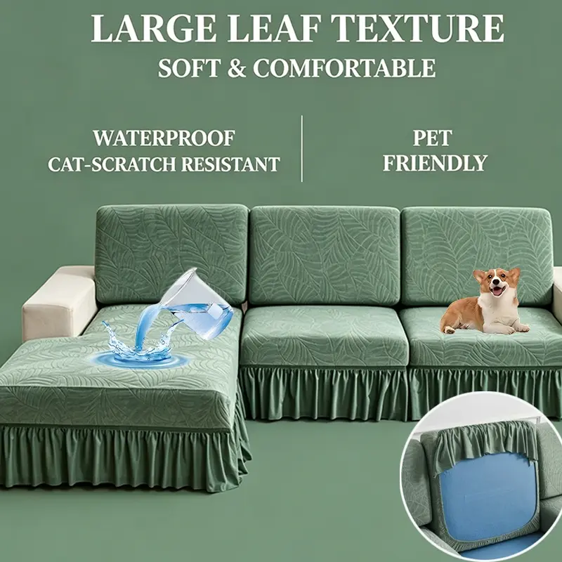 6-Piece Water Repellent Sofa Cushion Cover Set, Non-Slip Leaf Pattern Couch Seat Covers with Ruffle Skirt, L-Shaped Chaise Lounge Protector for Sectional Sofa, Sofa Protector Slipcover