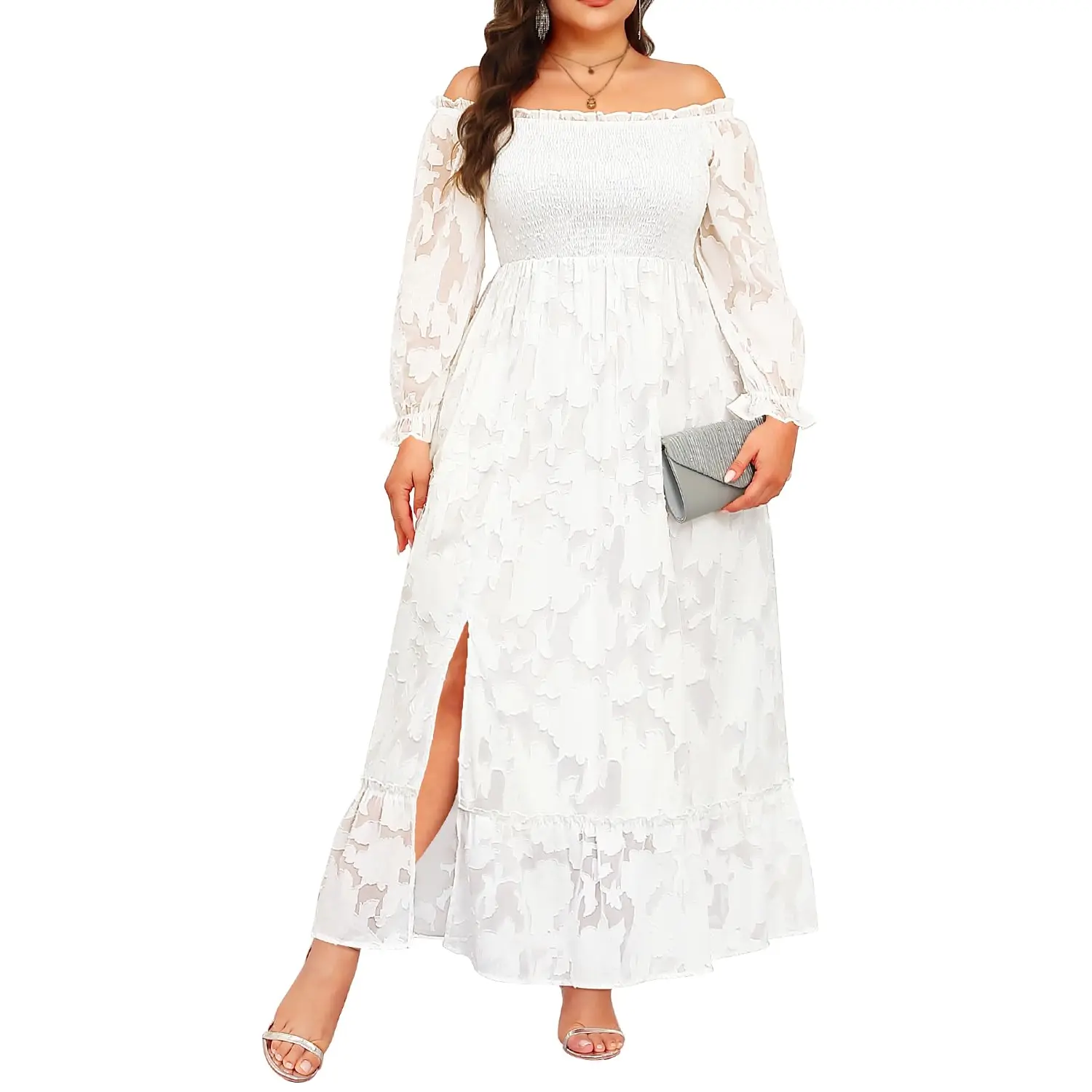 PINUP FASHION Women's Plus Size Polyester Pinup Boho Casual Long Dress - Off Shoulder, Strapless Option, Floral Lace, Elegant Summer Maxi Dress with Pockets, Polyester Fabric, Long Sleeve, Wedding Guest Dresses