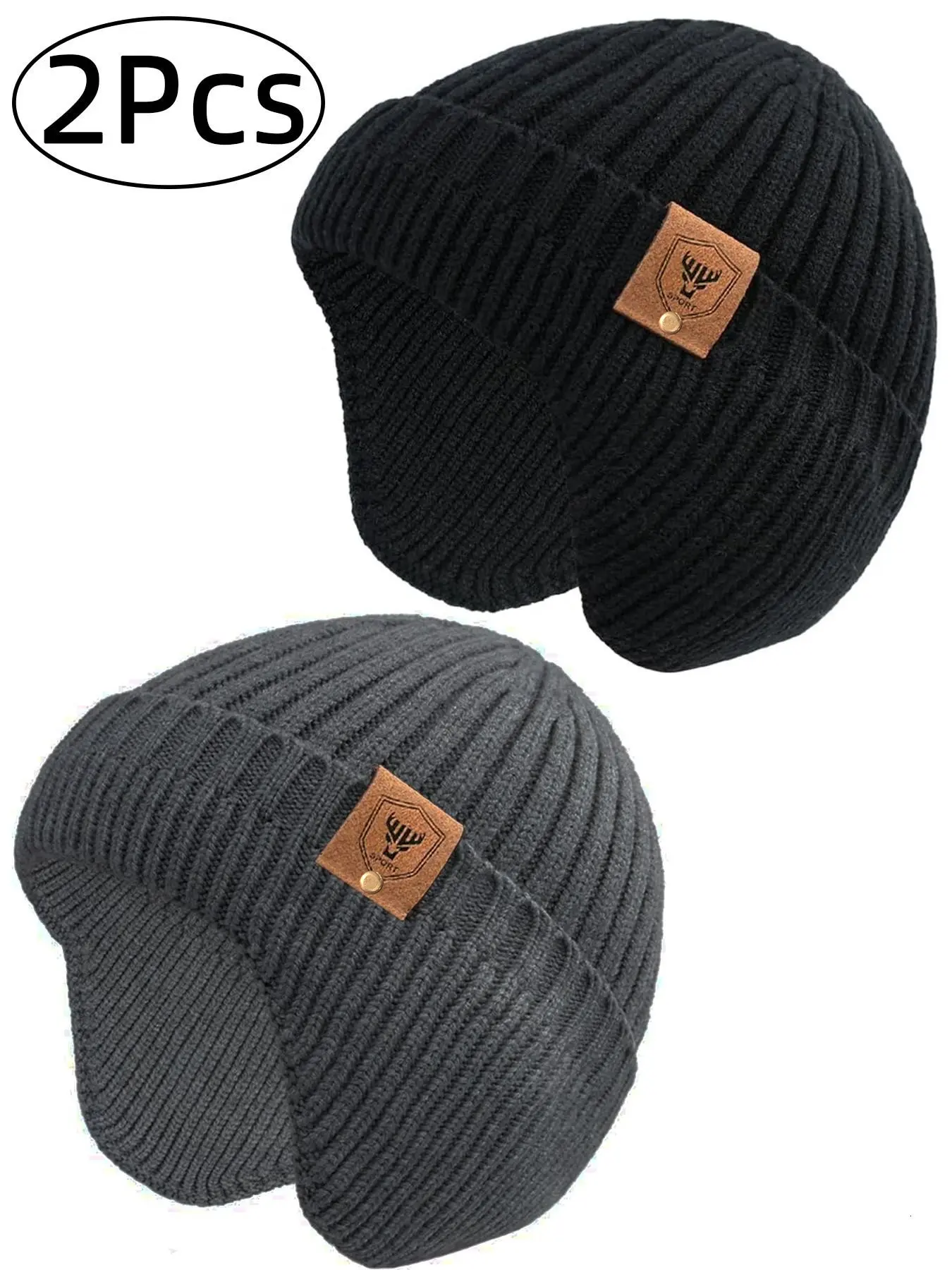 2Pcs  Beanie with Earflap for Men Women Winter Warm Thermal Casual Headwear Hats Stocking Cap Toboggan Outdoor Hat