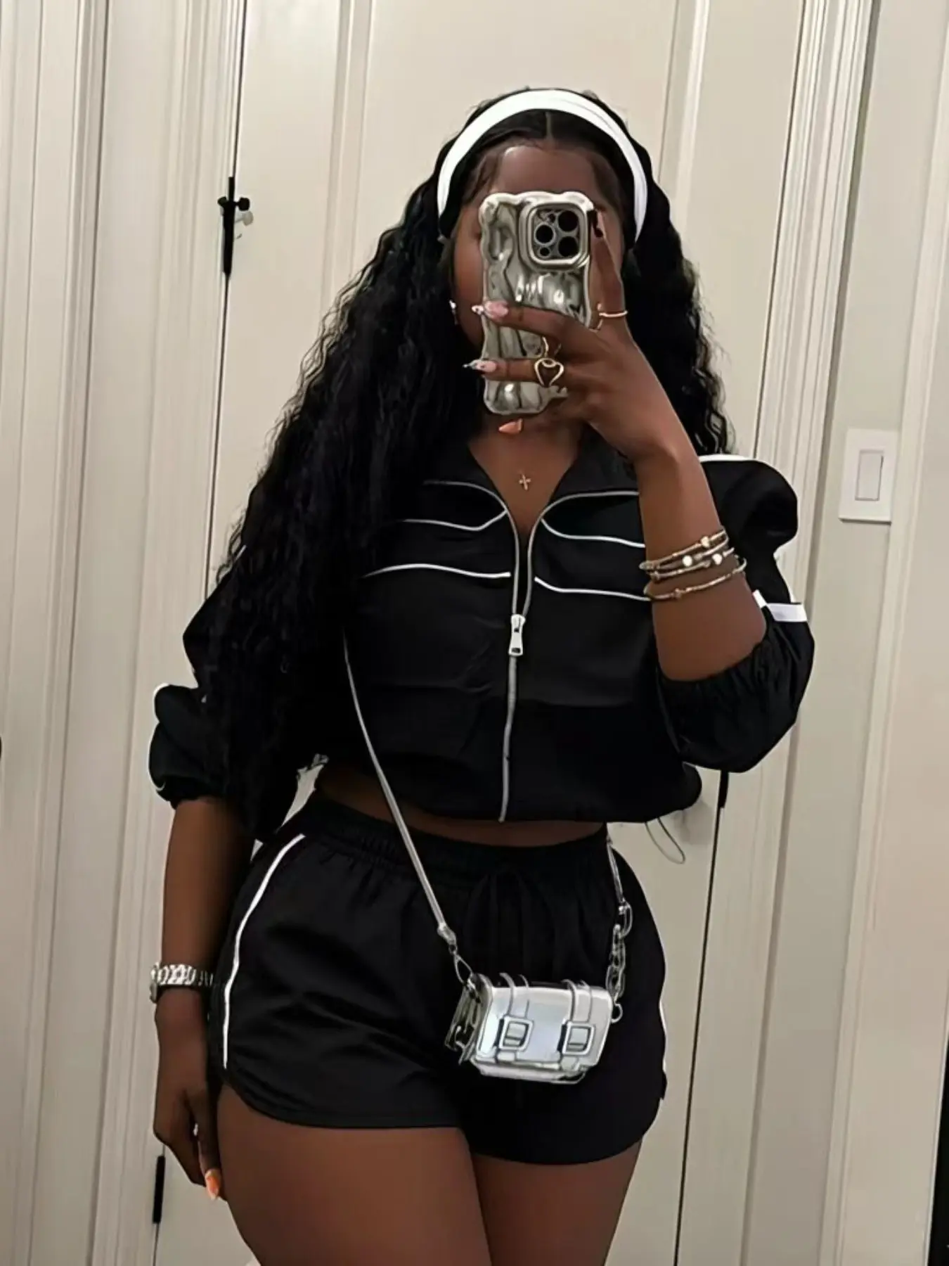 Women's Summer Long Sleeve Zipper Colorblock Crop Top Jacket & Shorts Matching Set, Sporty Two-Piece Set, Casual Fashion Outfit, Activewear Workout Set