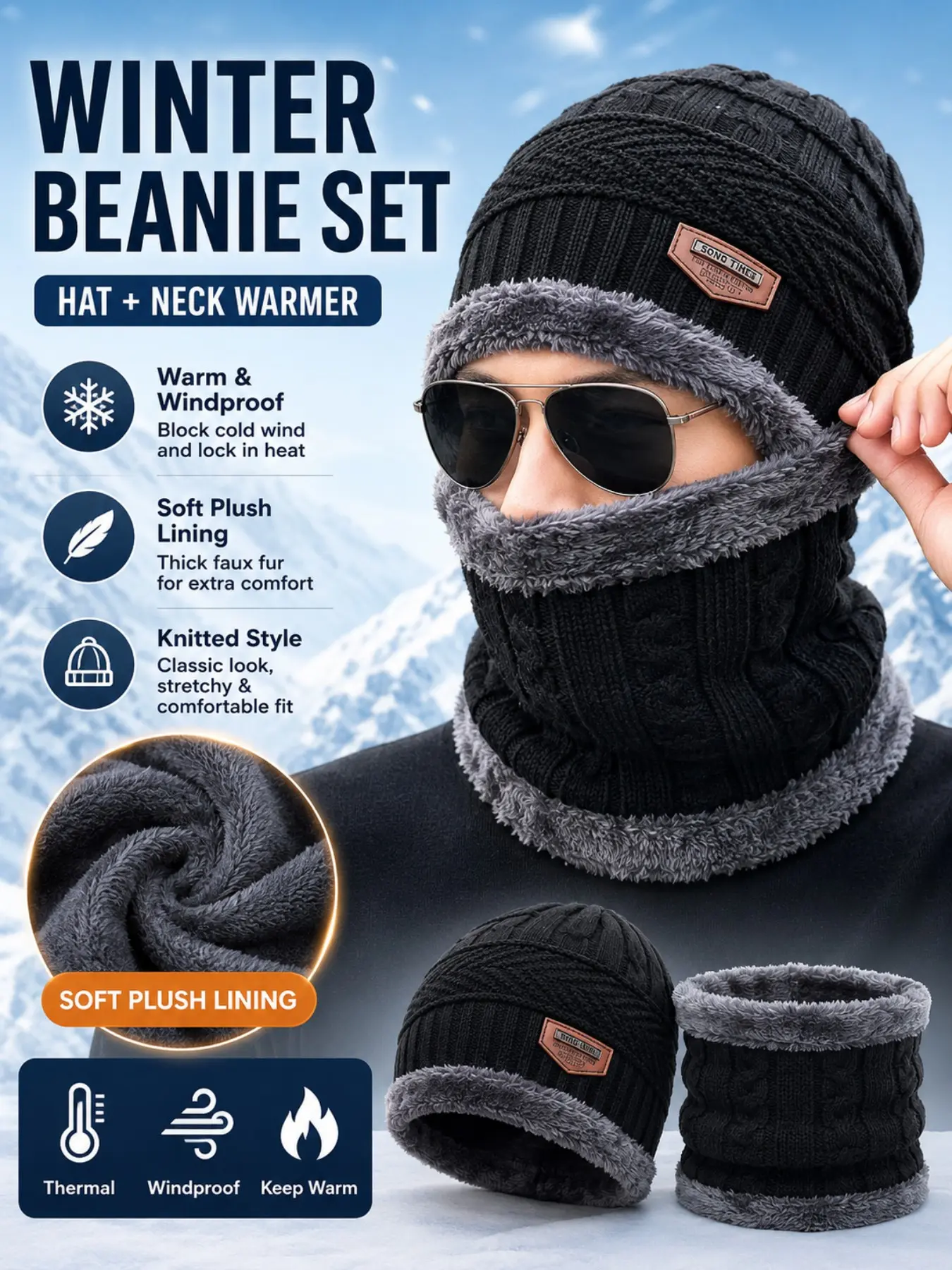 Winter Fleece Knit Beanie Hat and Scarf Neck Warmer Set, Unisex Warm Thick Ear Protection, Windproof Cold Weather Cycling Skiing, Two-Piece Kit