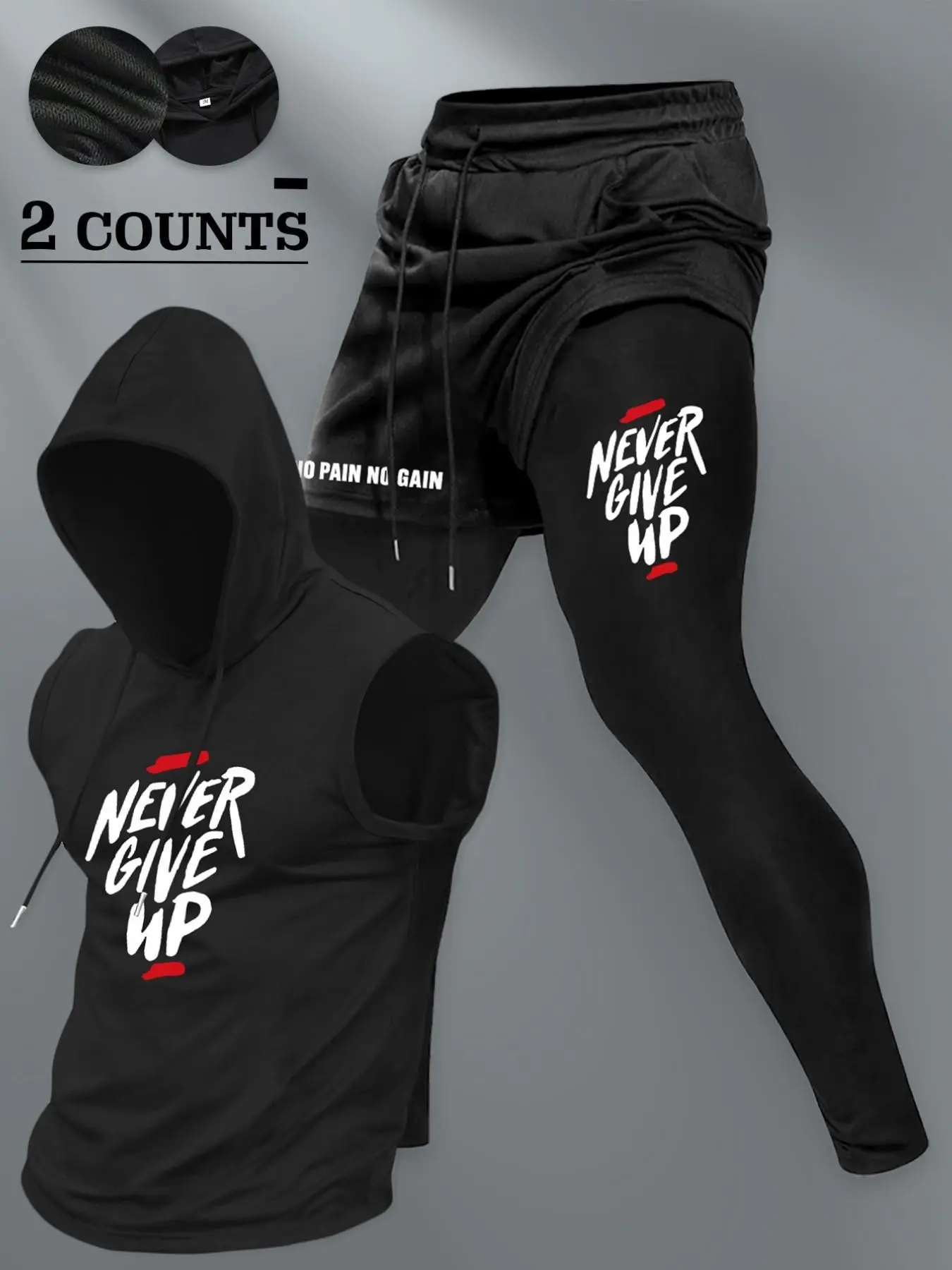 2 Piece Men Motivational Letter Print Sleeveless Hoodie & 2 In 1 Layered Workout Pants Gym Tracksuit Set