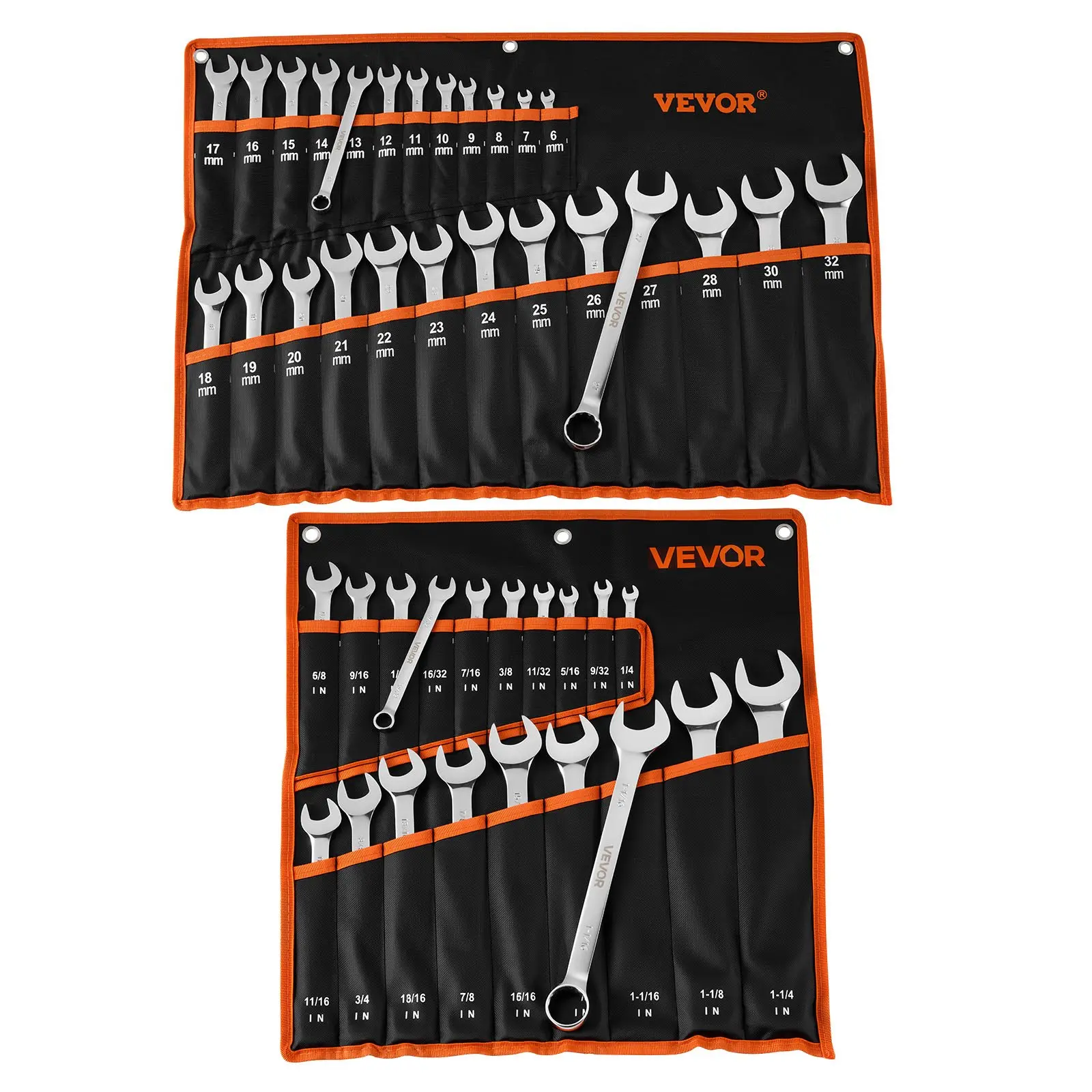 【DealsForYouDays】VEVOR Combination Wrench Set, 44-Piece SAE and Metric, 12-Point Box End and 15 Angled Open End Combination Wrenches with Roll Up Pouch, Carbon Steel, for General Household and Automotive Repairs