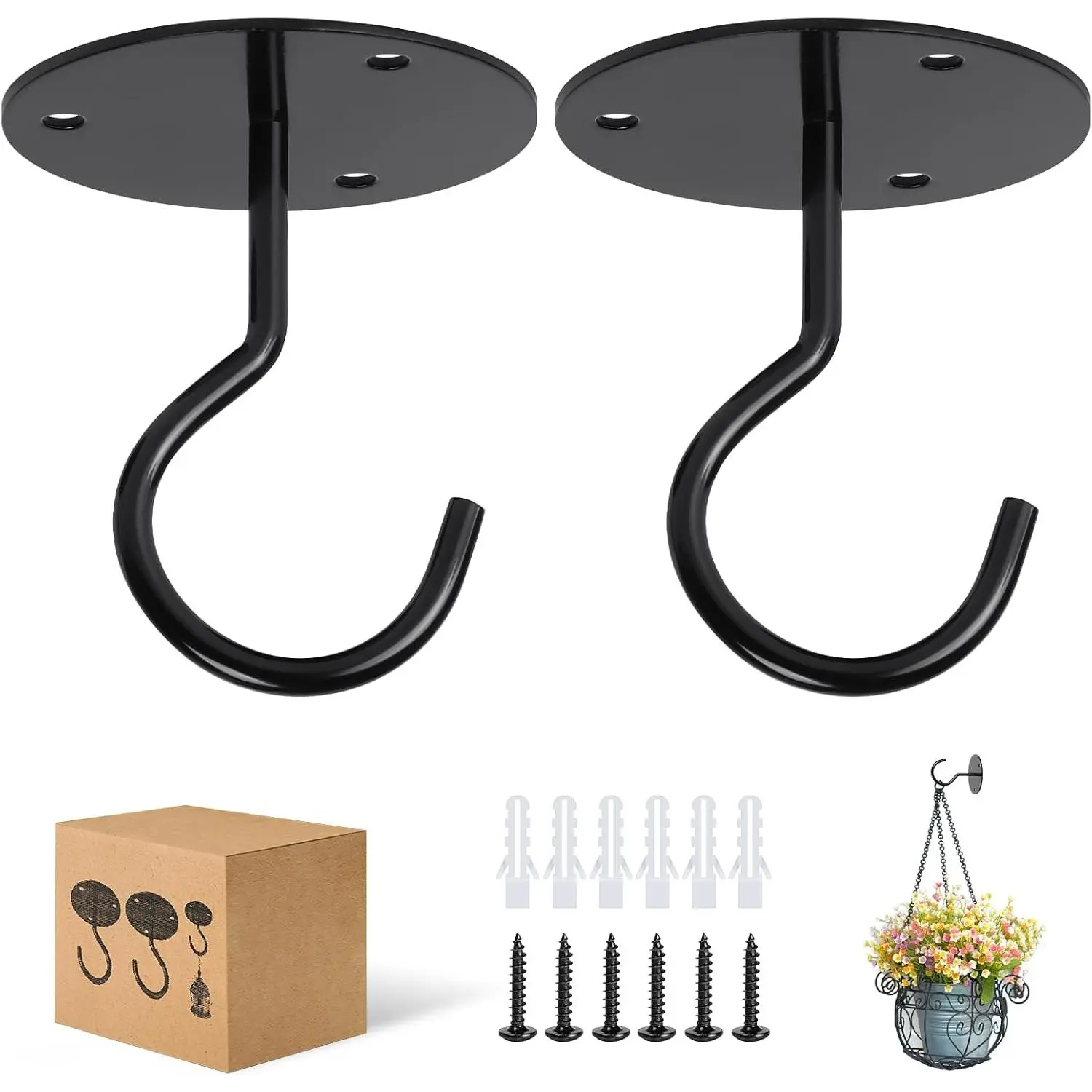 Ceiling Hooks, Metal  Ceiling  Hangers Indoor Outdoor, Heavy Duty, Black, 2 count