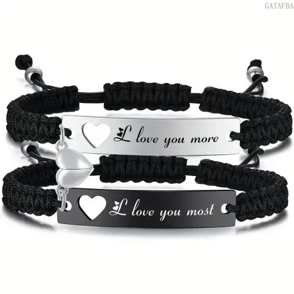 Unisex 2-Piece Matching Couple Bracelets Set - Engraved Heart Charm Braided Rope, Adjustable Wrist Jewelry with "I Love You More/I Love You Most", All Seasons Gifts for Girlfriend, GF Gift for Him and Her, Two Piece Set, Engraved Message
