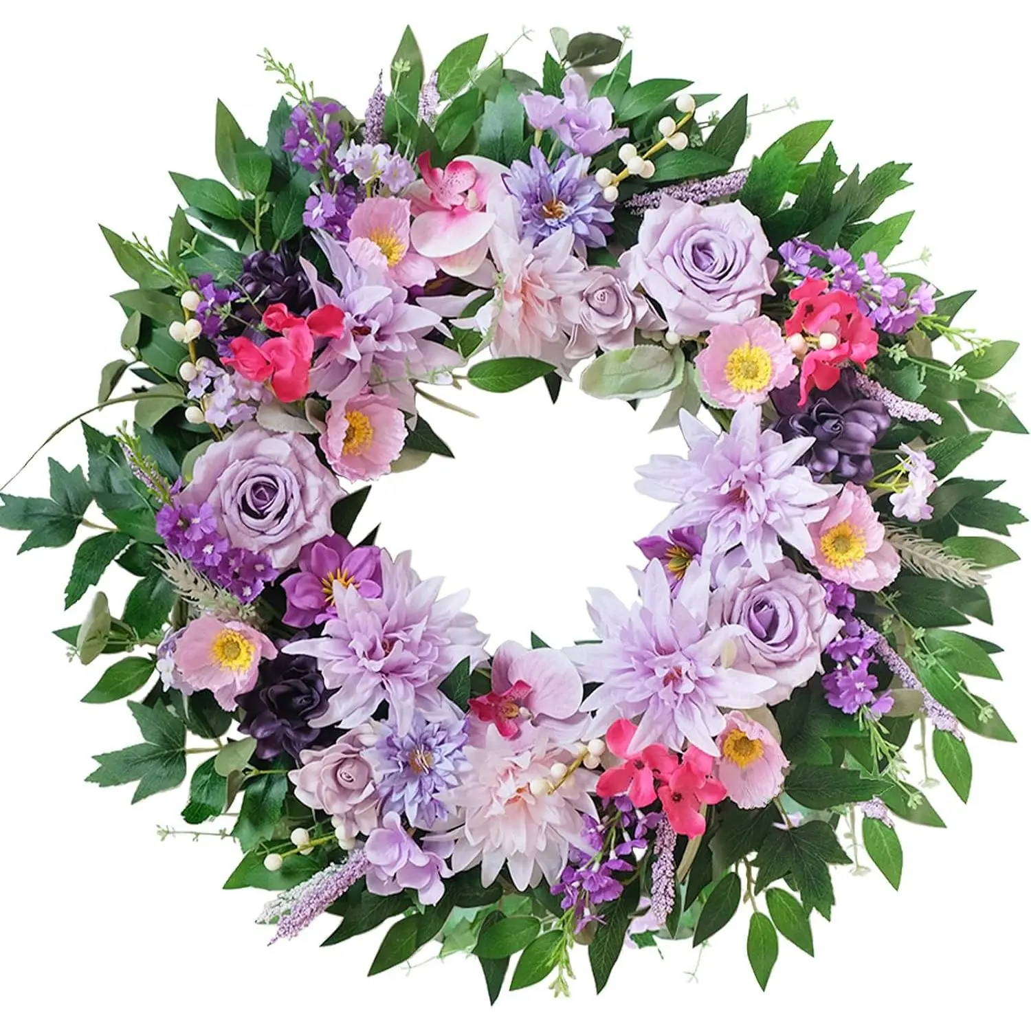 24"  Dahlia Wreath for Front Door - Handcrafted Spring/Summer Floral Wreath with Lifelike Blooms for  Porch Decor