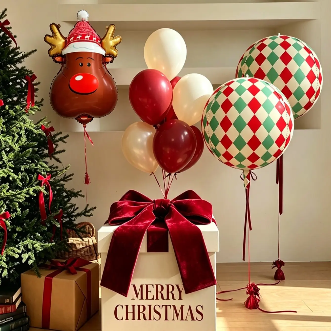 Christmas Reindeer Head Balloon Set, Vintage 4D Checkered Balloons, Latex Balloons, Christmas Home Window Party Decorations